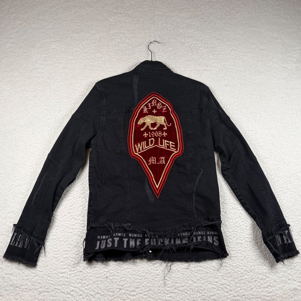 Kingz Denim Trucker Jacket Men Distressed Patch Goth L Black Punk Grunge Moto